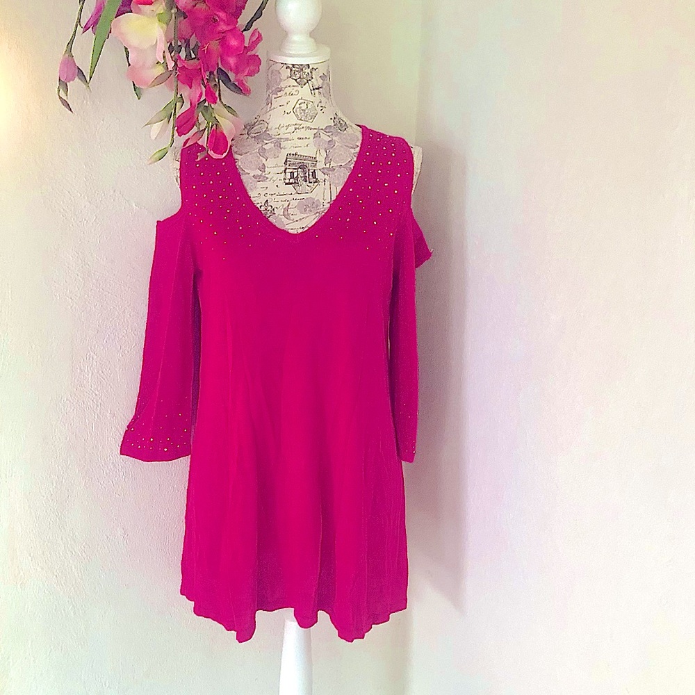 Belldini Hot Pink Rhinestone embellishment Cold-Shoulder cotton knit Top size L